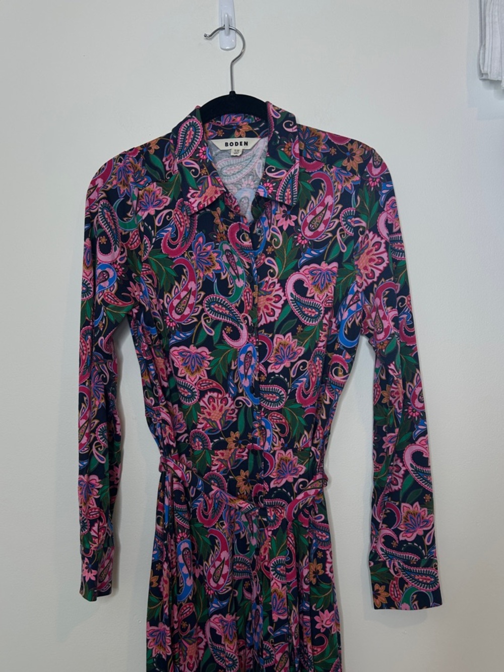 BODEN Marcia Midi Shirt Dress Size 8 Pink Black Paisley Tie Waist - Picture 7 of 15